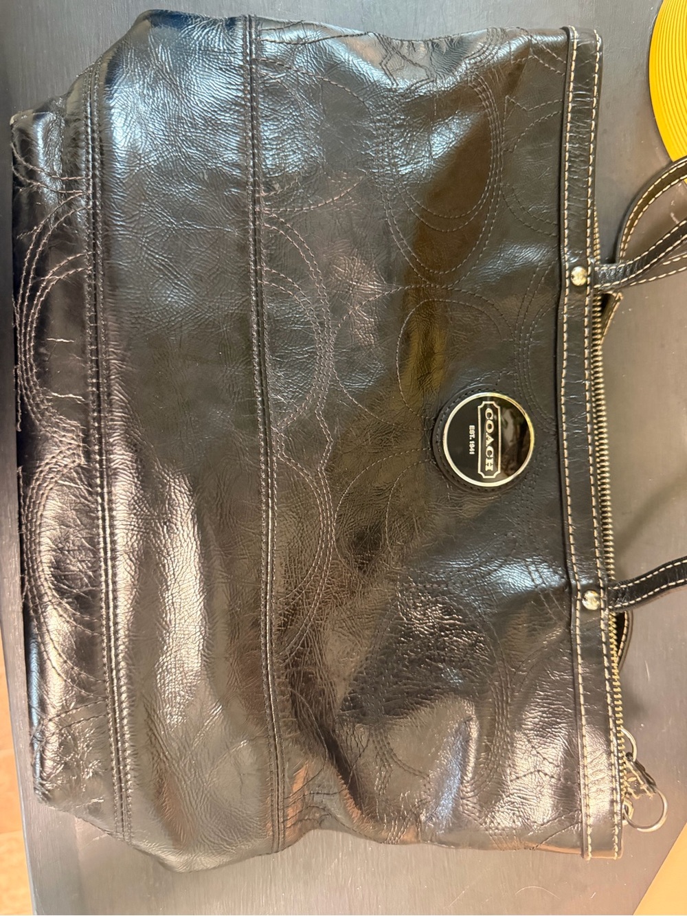 Coach Black Patent Signature Tote with Round Logo Medallion